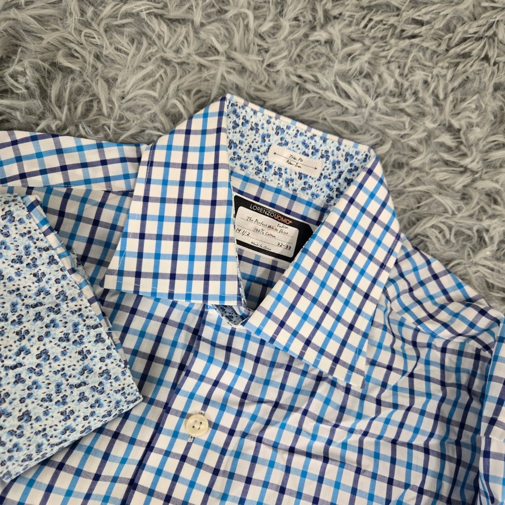 Lorenzo Uomo Dress Shirt Mens 14.5 32/33 Blue Check Excellent‎ Trim Fit Non-Iron